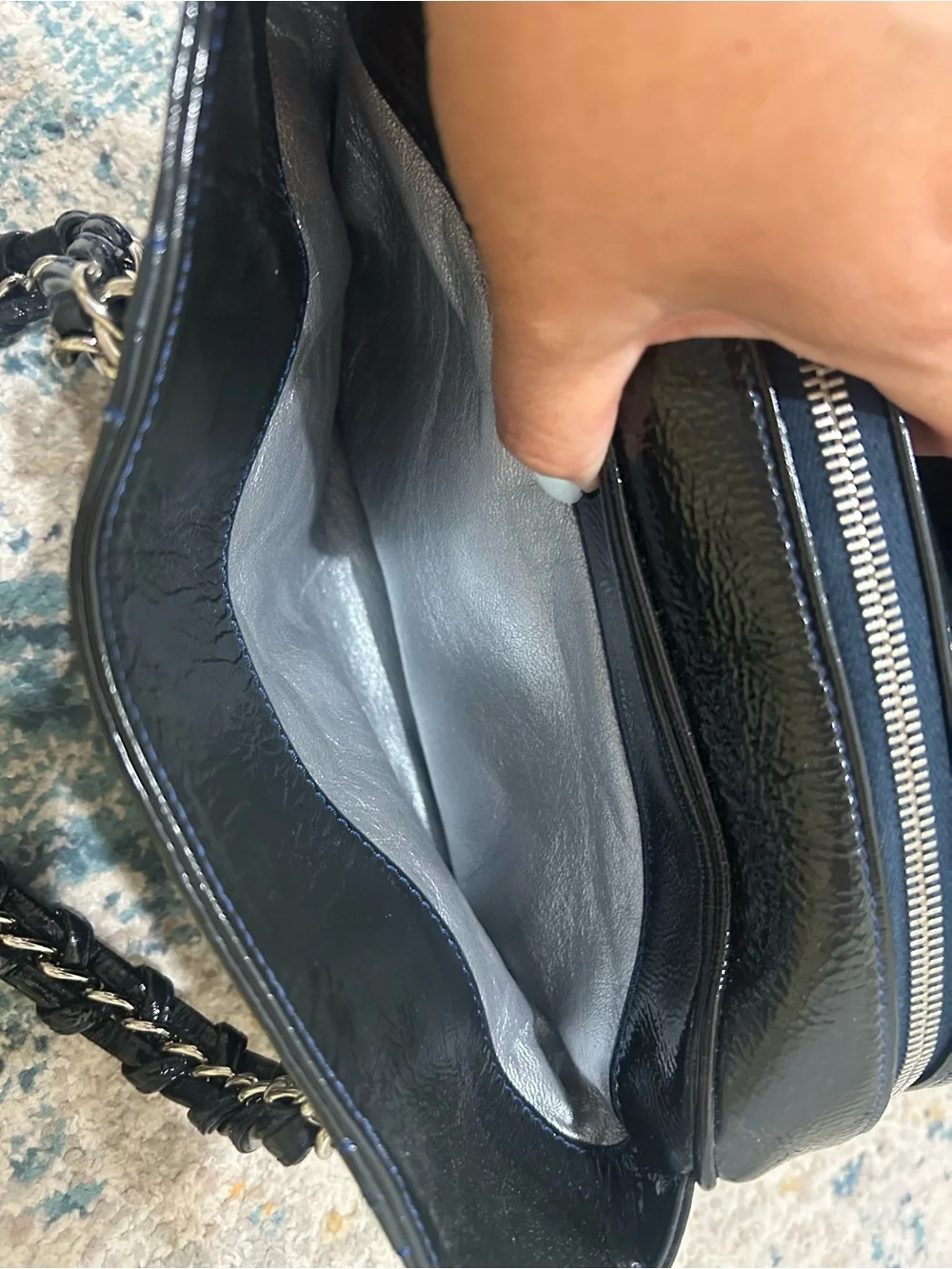 CHANEL Black Quilted Patent Leather Chain Shoulder Bag